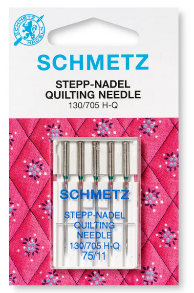 A pack of 5 quilting sewing machine needles in a size 75/11