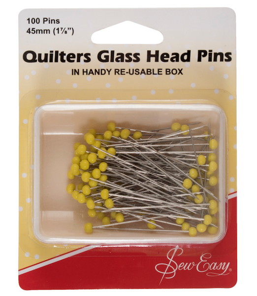 A pack of 100 45mm glass headed pins with yellow heads.