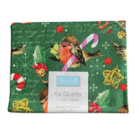 Christmas robins on a green background cotton fabric fat quarter