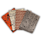 Ghostly Greetings Halloween fat quarter bundle with orange, cream, grey and black fabrics featuring skeletons, bats, pumpkins, spiders and spooky handwritten script prints.