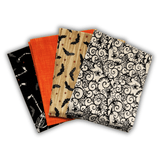 Ghostly Greetings Halloween fat quarter quilting fabric bundle with black, orange, tan and cream fabrics featuring skeletons, textured blender prints, bats and swirling spiderweb designs.