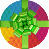 Image of the multi coloured Patchwork Shop circle icon with a big green bow