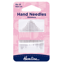 Hemline Betweens hand sewing needles in sizes 3-9, pack of 20, displayed in pink packaging with the Hemline logo.