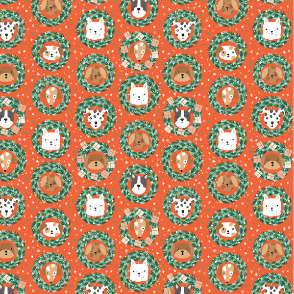 Pattern of dog faces in green Christmas wreaths on a red background
