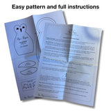 Pattern sheets and instructions for creating a paper penguin with text 'Easy pattern and full instructions'.