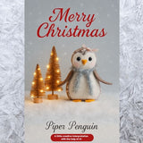 Christmas card with a penguin and decorated trees on a textured white background
