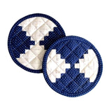 Two round quilted pot holders overlap, each featuring a blue and white geometric design with small white polka dots. Taught on a quilting for beginners course, their pattern resembles pixelated or abstract shapes.