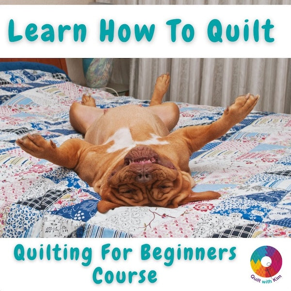 Dog lying on a quilt with text overlay about a quilting course.