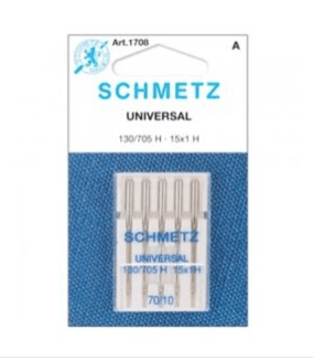 A pack of five universal Schmetz sewing machine needles in a blue packet in size 90-14