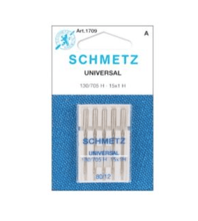 A pack of five universal Schmetz sewing machine needles in a blue packet in size 80-12