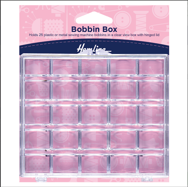 Clear plastic box with 25 compartments to hold sewing machine bobbins.