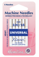 A pack of 5 universal needles in a size 100/16 for heavyweight fabrics